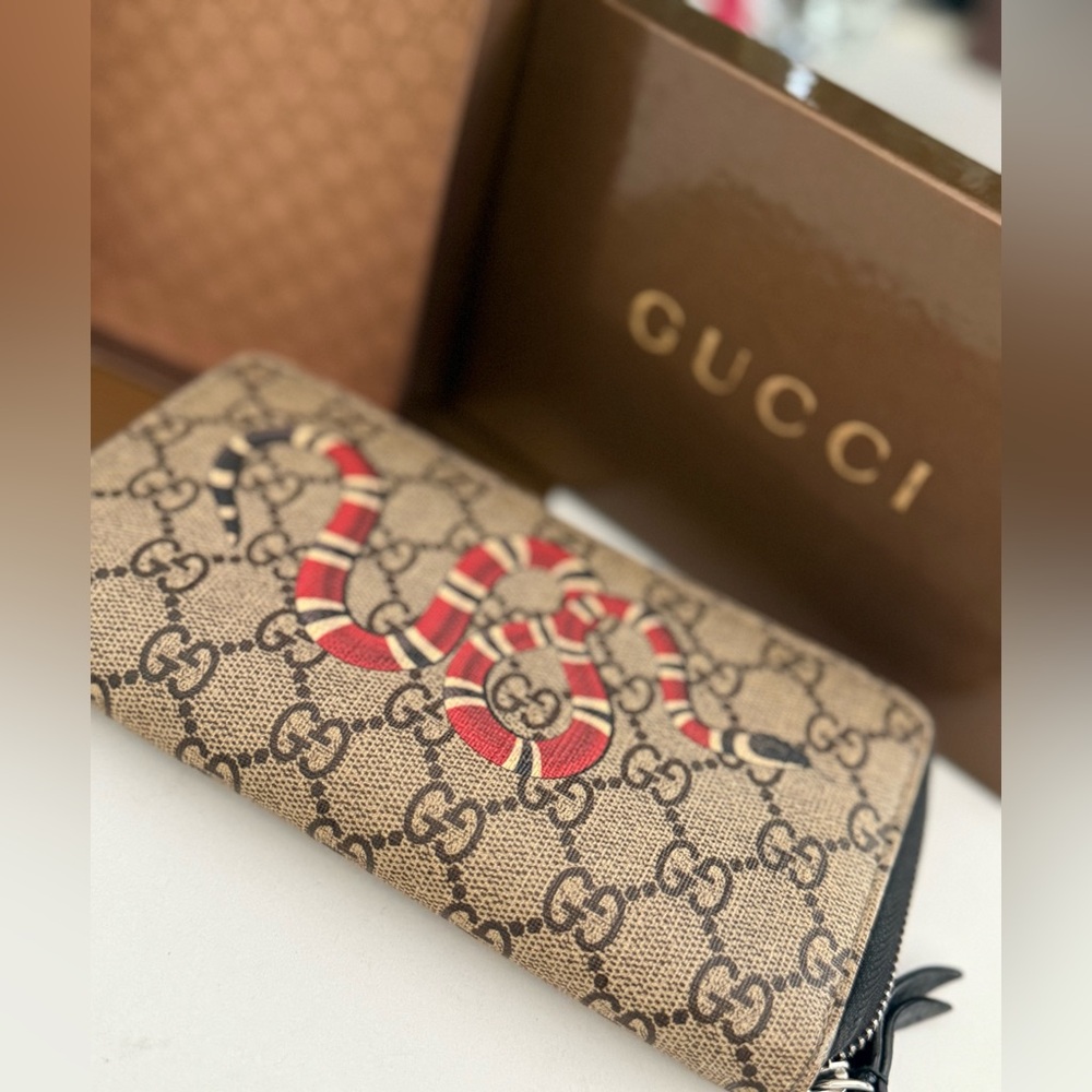 Gucci Long Wallet Snake Print Beige x Dark Brown x Multi Round Zipper w/ box - Picture 10 of 10